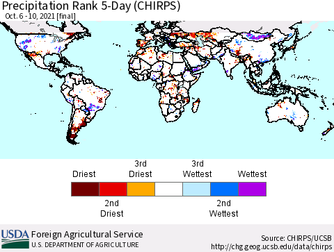 World Precipitation Rank since 1981, 5-Day (CHIRPS) Thematic Map For 10/6/2021 - 10/10/2021