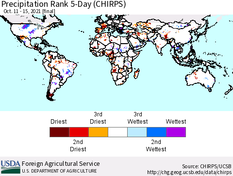 World Precipitation Rank 5-Day (CHIRPS) Thematic Map For 10/11/2021 - 10/15/2021