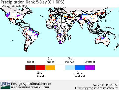 World Precipitation Rank 5-Day (CHIRPS) Thematic Map For 10/21/2021 - 10/25/2021