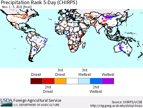 World Precipitation Rank 5-Day (CHIRPS) Thematic Map For 11/1/2021 - 11/5/2021