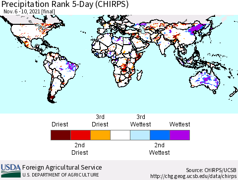 World Precipitation Rank 5-Day (CHIRPS) Thematic Map For 11/6/2021 - 11/10/2021