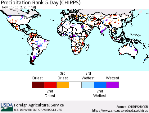 World Precipitation Rank 5-Day (CHIRPS) Thematic Map For 11/11/2021 - 11/15/2021