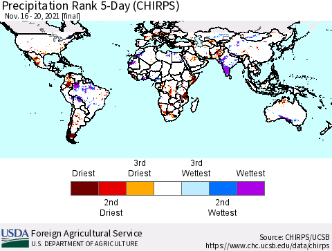 World Precipitation Rank 5-Day (CHIRPS) Thematic Map For 11/16/2021 - 11/20/2021