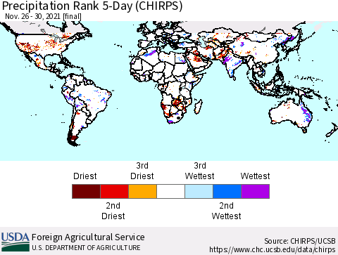 World Precipitation Rank since 1981, 5-Day (CHIRPS) Thematic Map For 11/26/2021 - 11/30/2021