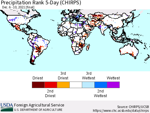 World Precipitation Rank 5-Day (CHIRPS) Thematic Map For 12/6/2021 - 12/10/2021