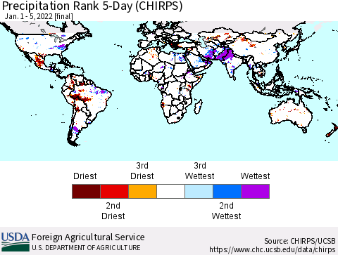 World Precipitation Rank since 1981, 5-Day (CHIRPS) Thematic Map For 1/1/2022 - 1/5/2022