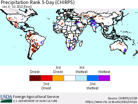 World Precipitation Rank since 1981, 5-Day (CHIRPS) Thematic Map For 1/6/2022 - 1/10/2022