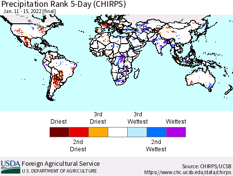 World Precipitation Rank since 1981, 5-Day (CHIRPS) Thematic Map For 1/11/2022 - 1/15/2022
