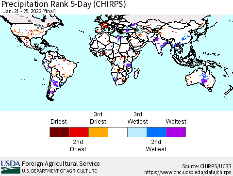 World Precipitation Rank since 1981, 5-Day (CHIRPS) Thematic Map For 1/21/2022 - 1/25/2022