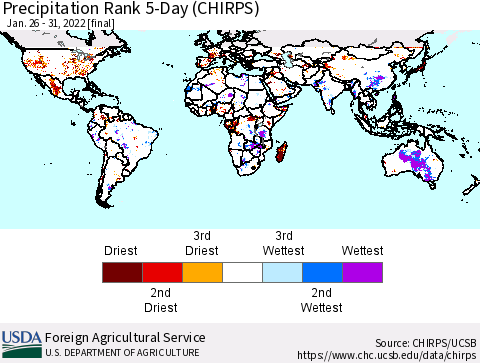 World Precipitation Rank since 1981, 5-Day (CHIRPS) Thematic Map For 1/26/2022 - 1/31/2022