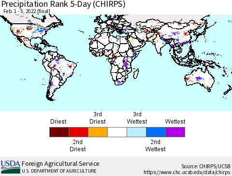 World Precipitation Rank since 1981, 5-Day (CHIRPS) Thematic Map For 2/1/2022 - 2/5/2022