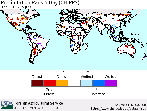 World Precipitation Rank since 1981, 5-Day (CHIRPS) Thematic Map For 2/6/2022 - 2/10/2022