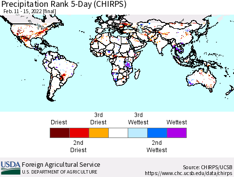 World Precipitation Rank since 1981, 5-Day (CHIRPS) Thematic Map For 2/11/2022 - 2/15/2022