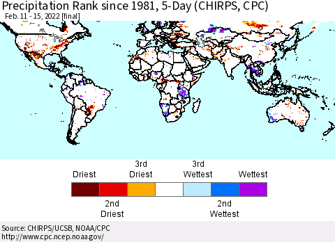 World Precipitation Rank since 1981, 5-Day (CHIRPS) Thematic Map For 2/11/2022 - 2/15/2022