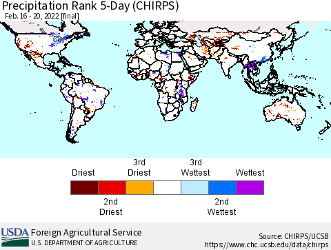 World Precipitation Rank since 1981, 5-Day (CHIRPS) Thematic Map For 2/16/2022 - 2/20/2022
