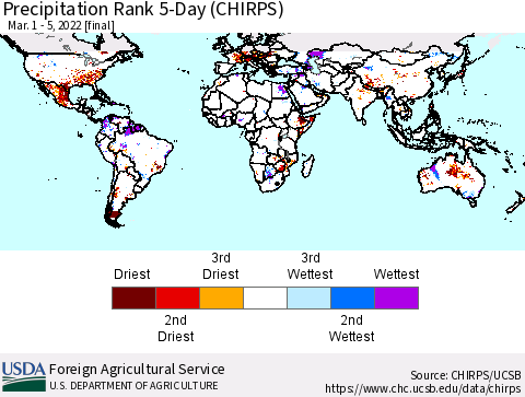 World Precipitation Rank since 1981, 5-Day (CHIRPS) Thematic Map For 3/1/2022 - 3/5/2022