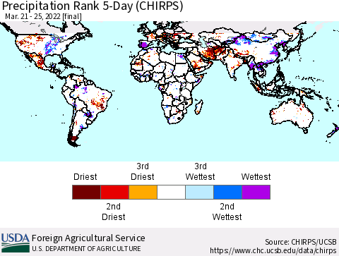 World Precipitation Rank since 1981, 5-Day (CHIRPS) Thematic Map For 3/21/2022 - 3/25/2022