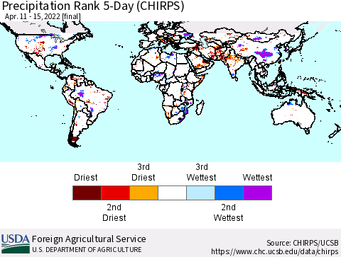 World Precipitation Rank since 1981, 5-Day (CHIRPS) Thematic Map For 4/11/2022 - 4/15/2022