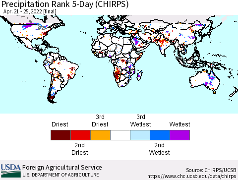 World Precipitation Rank since 1981, 5-Day (CHIRPS) Thematic Map For 4/21/2022 - 4/25/2022