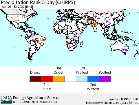 World Precipitation Rank since 1981, 5-Day (CHIRPS) Thematic Map For 4/26/2022 - 4/30/2022