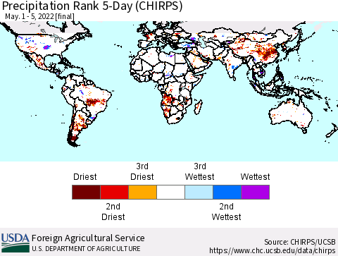 World Precipitation Rank since 1981, 5-Day (CHIRPS) Thematic Map For 5/1/2022 - 5/5/2022