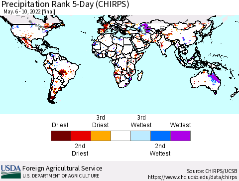 World Precipitation Rank since 1981, 5-Day (CHIRPS) Thematic Map For 5/6/2022 - 5/10/2022