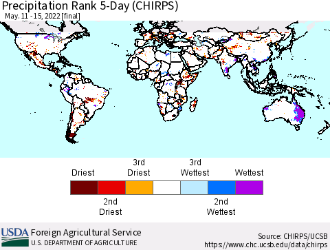 World Precipitation Rank since 1981, 5-Day (CHIRPS) Thematic Map For 5/11/2022 - 5/15/2022