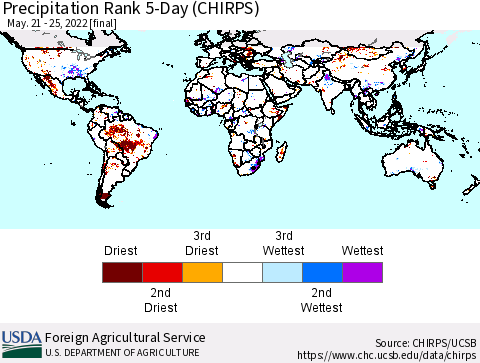 World Precipitation Rank since 1981, 5-Day (CHIRPS) Thematic Map For 5/21/2022 - 5/25/2022