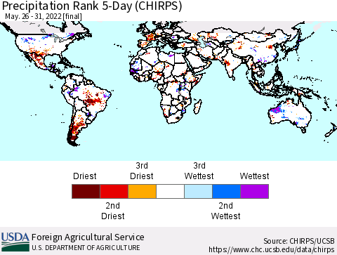 World Precipitation Rank since 1981, 5-Day (CHIRPS) Thematic Map For 5/26/2022 - 5/31/2022