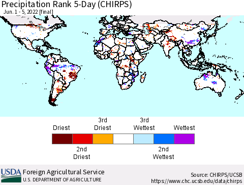 World Precipitation Rank since 1981, 5-Day (CHIRPS) Thematic Map For 6/1/2022 - 6/5/2022