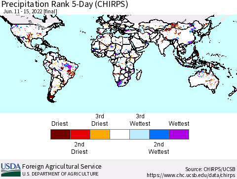 World Precipitation Rank since 1981, 5-Day (CHIRPS) Thematic Map For 6/11/2022 - 6/15/2022