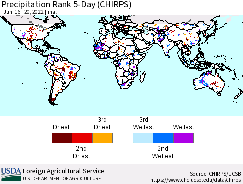 World Precipitation Rank since 1981, 5-Day (CHIRPS) Thematic Map For 6/16/2022 - 6/20/2022