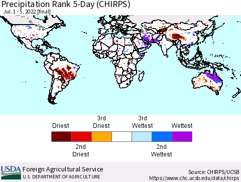 World Precipitation Rank since 1981, 5-Day (CHIRPS) Thematic Map For 7/1/2022 - 7/5/2022