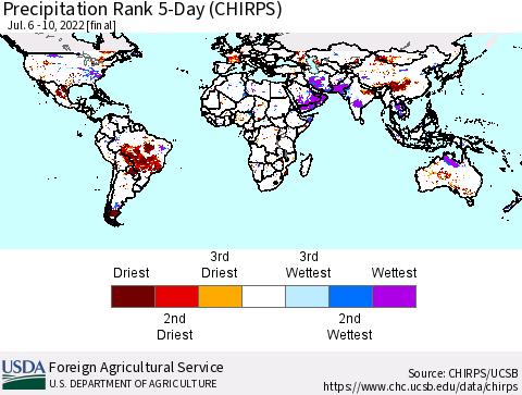 World Precipitation Rank since 1981, 5-Day (CHIRPS) Thematic Map For 7/6/2022 - 7/10/2022