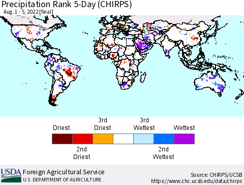 World Precipitation Rank since 1981, 5-Day (CHIRPS) Thematic Map For 8/1/2022 - 8/5/2022