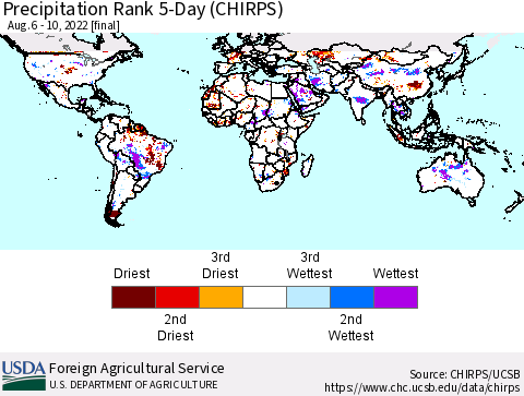 World Precipitation Rank since 1981, 5-Day (CHIRPS) Thematic Map For 8/6/2022 - 8/10/2022