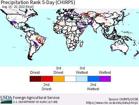 World Precipitation Rank since 1981, 5-Day (CHIRPS) Thematic Map For 8/16/2022 - 8/20/2022
