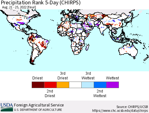 World Precipitation Rank since 1981, 5-Day (CHIRPS) Thematic Map For 8/21/2022 - 8/25/2022