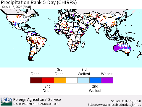 World Precipitation Rank since 1981, 5-Day (CHIRPS) Thematic Map For 9/1/2022 - 9/5/2022
