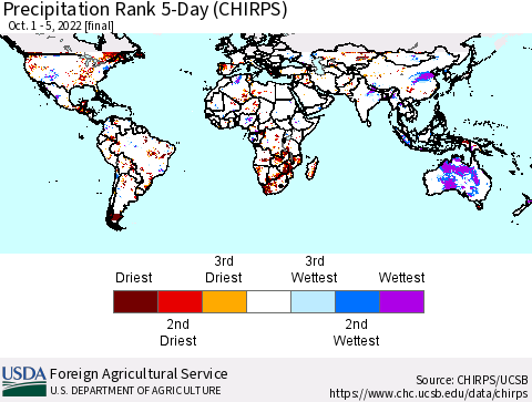 World Precipitation Rank since 1981, 5-Day (CHIRPS) Thematic Map For 10/1/2022 - 10/5/2022