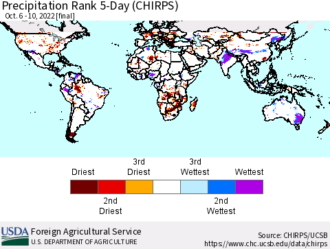 World Precipitation Rank since 1981, 5-Day (CHIRPS) Thematic Map For 10/6/2022 - 10/10/2022