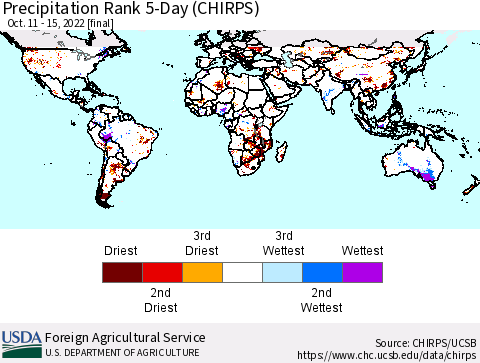 World Precipitation Rank since 1981, 5-Day (CHIRPS) Thematic Map For 10/11/2022 - 10/15/2022