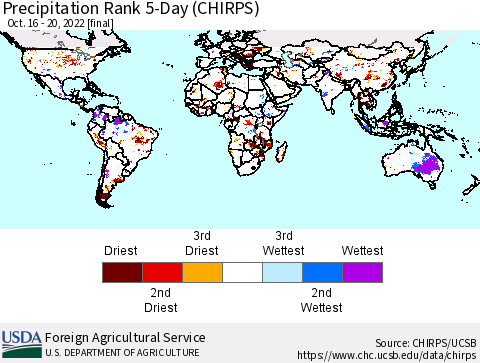 World Precipitation Rank since 1981, 5-Day (CHIRPS) Thematic Map For 10/16/2022 - 10/20/2022