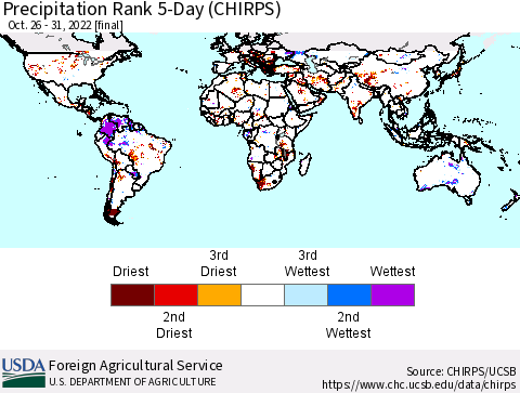 World Precipitation Rank since 1981, 5-Day (CHIRPS) Thematic Map For 10/26/2022 - 10/31/2022