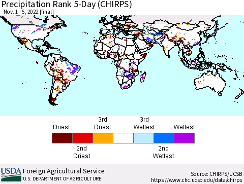 World Precipitation Rank since 1981, 5-Day (CHIRPS) Thematic Map For 11/1/2022 - 11/5/2022