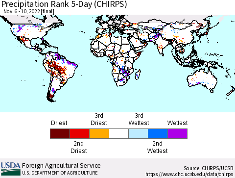 World Precipitation Rank since 1981, 5-Day (CHIRPS) Thematic Map For 11/6/2022 - 11/10/2022