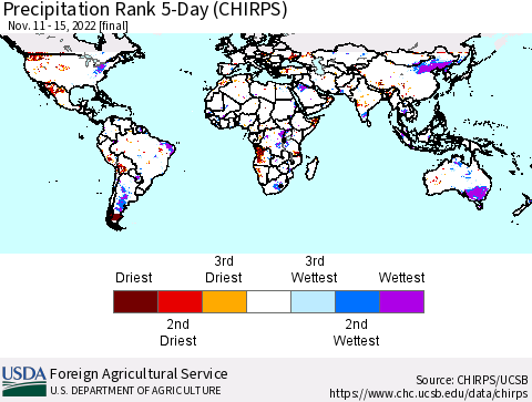 World Precipitation Rank since 1981, 5-Day (CHIRPS) Thematic Map For 11/11/2022 - 11/15/2022