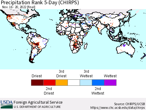 World Precipitation Rank since 1981, 5-Day (CHIRPS) Thematic Map For 11/16/2022 - 11/20/2022