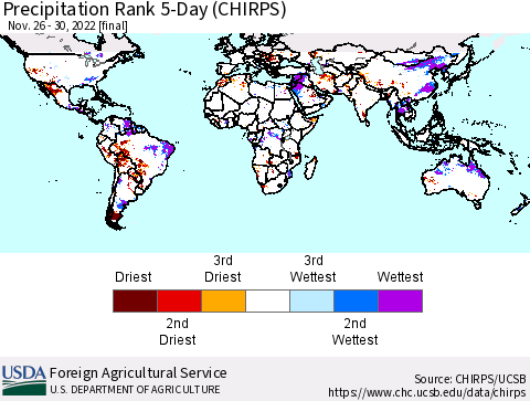 World Precipitation Rank since 1981, 5-Day (CHIRPS) Thematic Map For 11/26/2022 - 11/30/2022