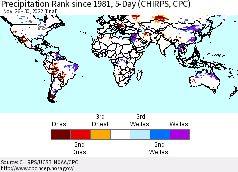 World Precipitation Rank since 1981, 5-Day (CHIRPS) Thematic Map For 11/26/2022 - 11/30/2022